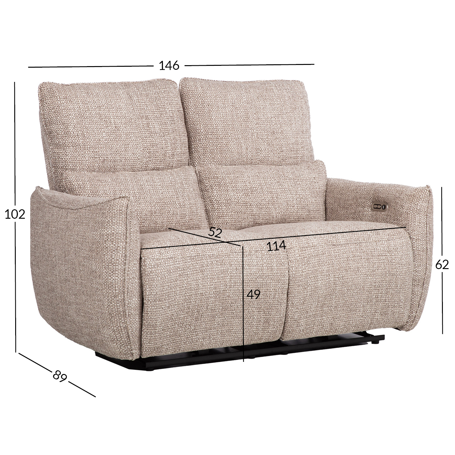 Dvivietė sofa su elektriniu atlošimo mechanizmu, 146 × 89 × 102 cm