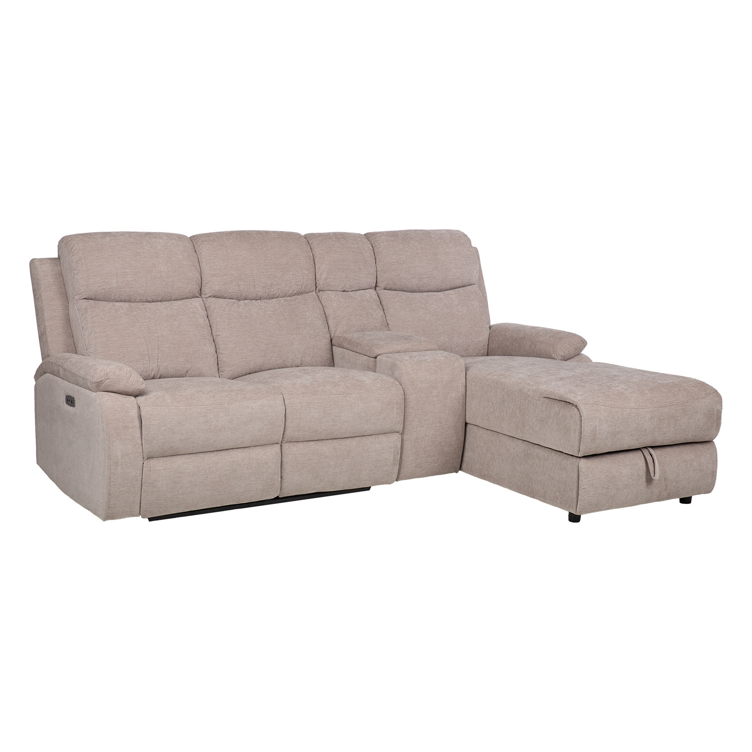 Kampinė sofa, dešinysis kampas, elektrinis ir mechaninis atlošimas, šviesiai pilka, 225 × 93/164 × 99 cm