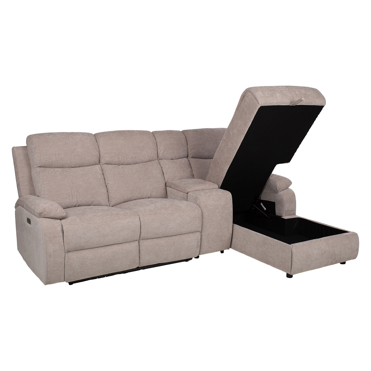 Kampinė sofa, dešinysis kampas, elektrinis ir mechaninis atlošimas, šviesiai pilka, 225 × 93/164 × 99 cm