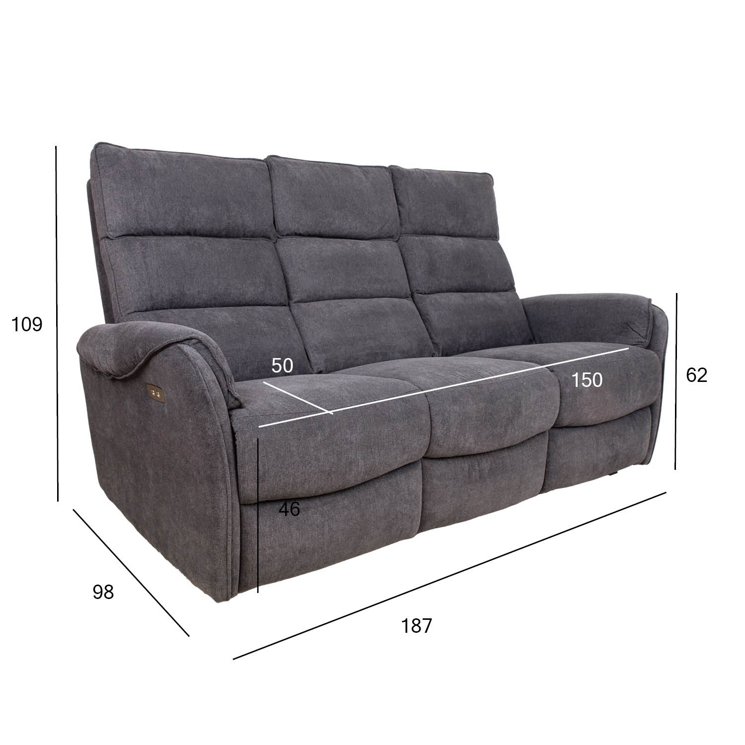 Sofa BOWERS, 3 vietų elektrinė, melsvai pilka, 187 × 98 × 109 cm