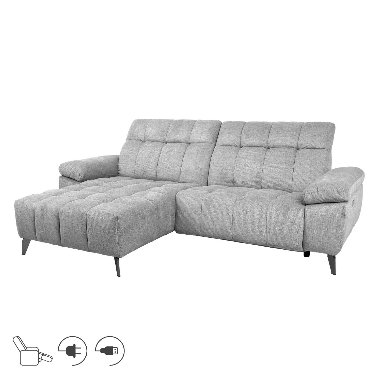 Kampinė sofa, kairinė, su elektriniu kojų atramos mechanizmu, šviesiai pilka, 264 × 160/87 × 85/102 cm