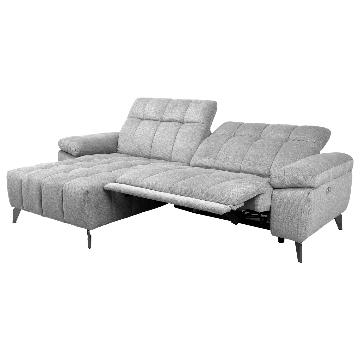 Kampinė sofa, kairinė, su elektriniu kojų atramos mechanizmu, šviesiai pilka, 264 × 160/87 × 85/102 cm