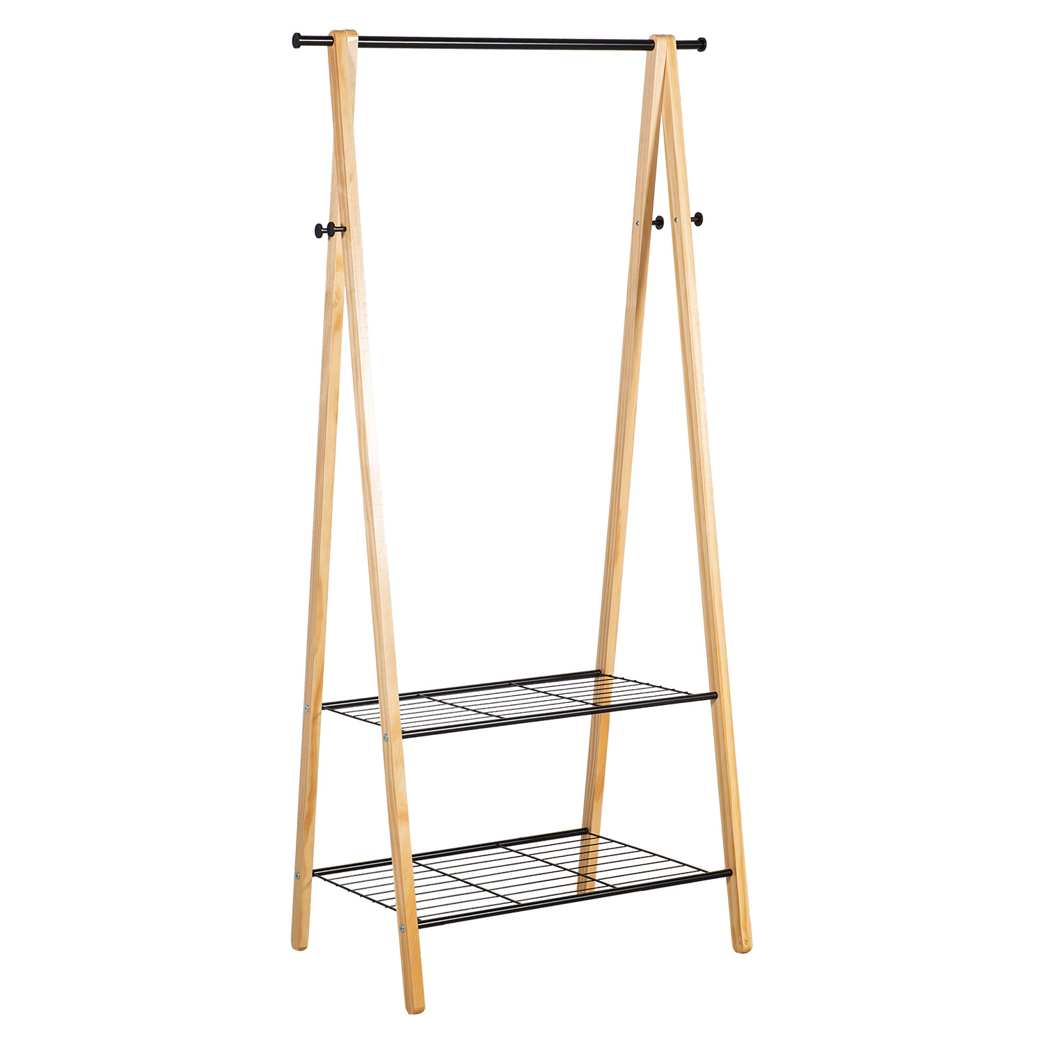 Drabužių kabykla su 2 lentynomis ir 4 kabliais, natūralios medienos ir juoda, 79 × 45 × 155 cm