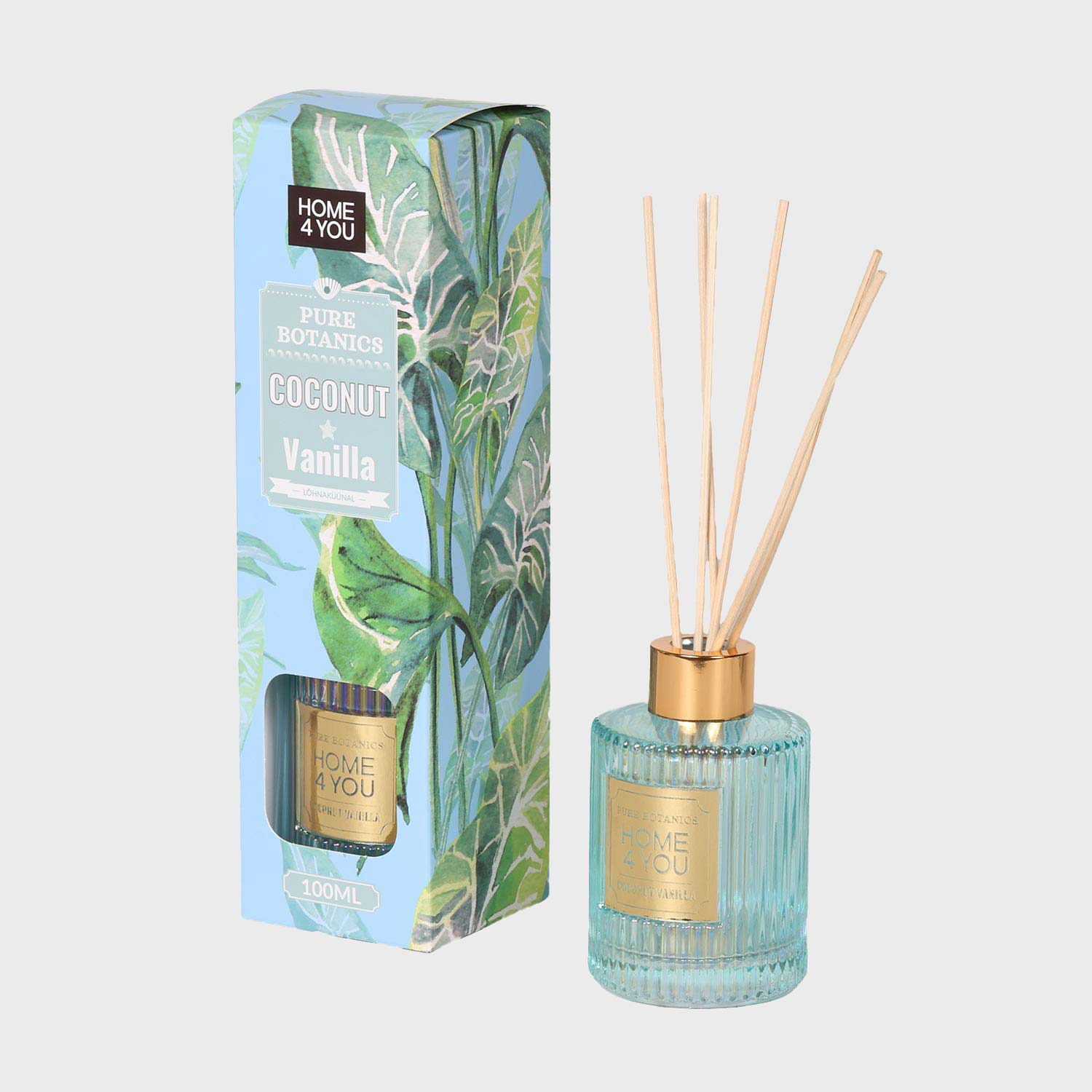 Namų kvapiklis su lazdelėmis Coconut Vanilla, šviesiai mėlynas, 6,3 × 6,3 × 9,8 cm