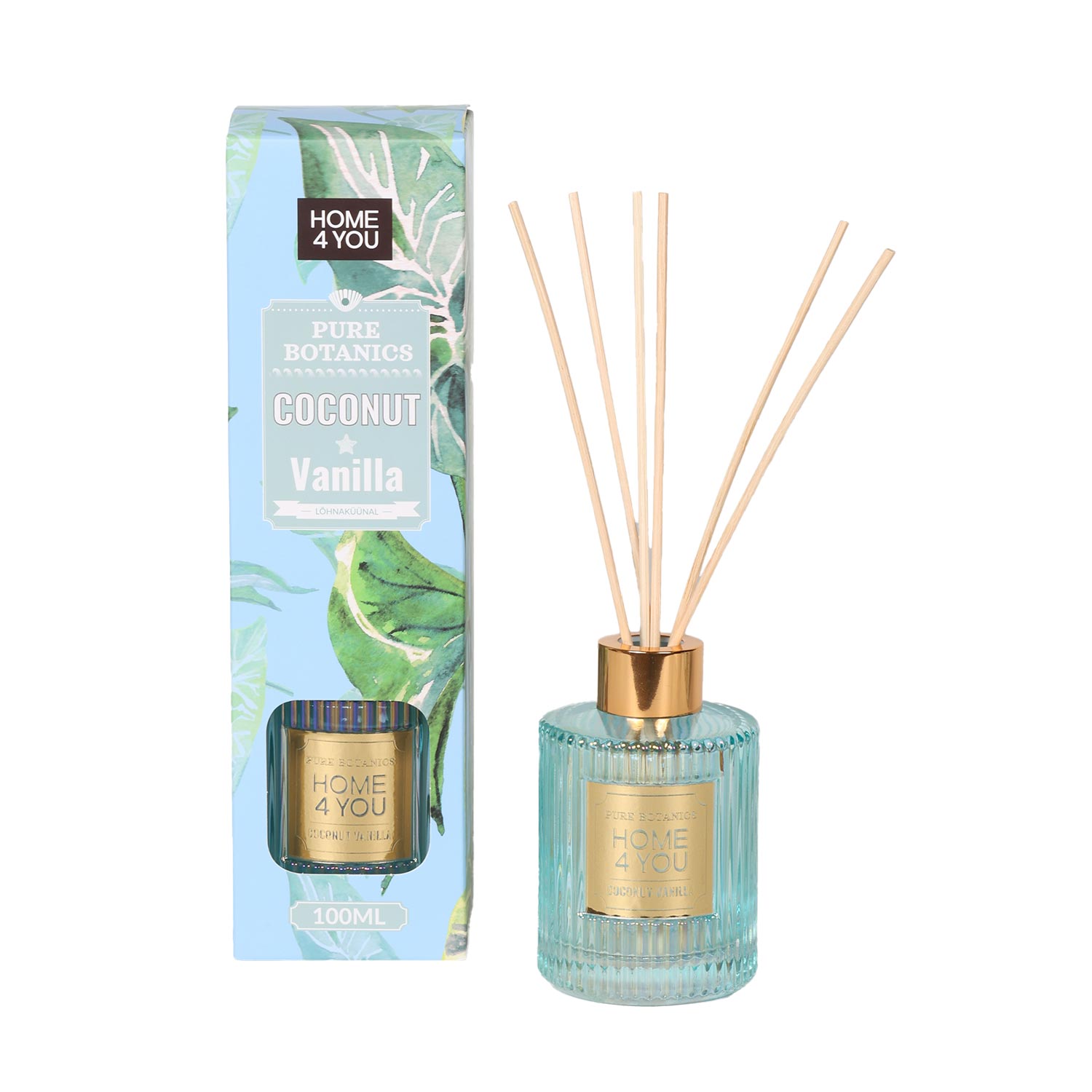 Namų kvapiklis su lazdelėmis Coconut Vanilla, šviesiai mėlynas, 6,3 × 6,3 × 9,8 cm
