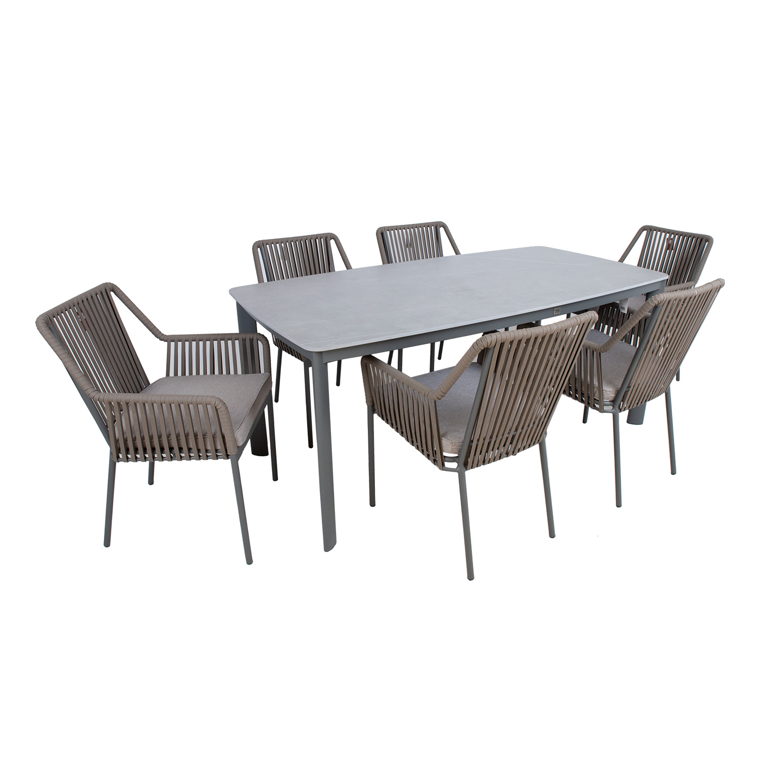 Lauko baldų komplektas su 6 kėdėmis ir sukepinto akmens stalviršiu, pilkas, 180 × 90 × 75 cm