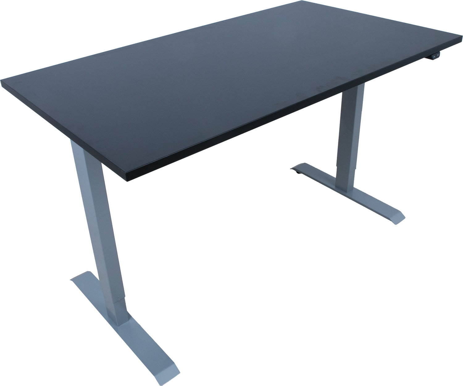 Reguliuojamo aukščio stalas su vienu varikliu, juodas su sidabro pilkomis kojomis, 140 × 80 × 71–121 cm