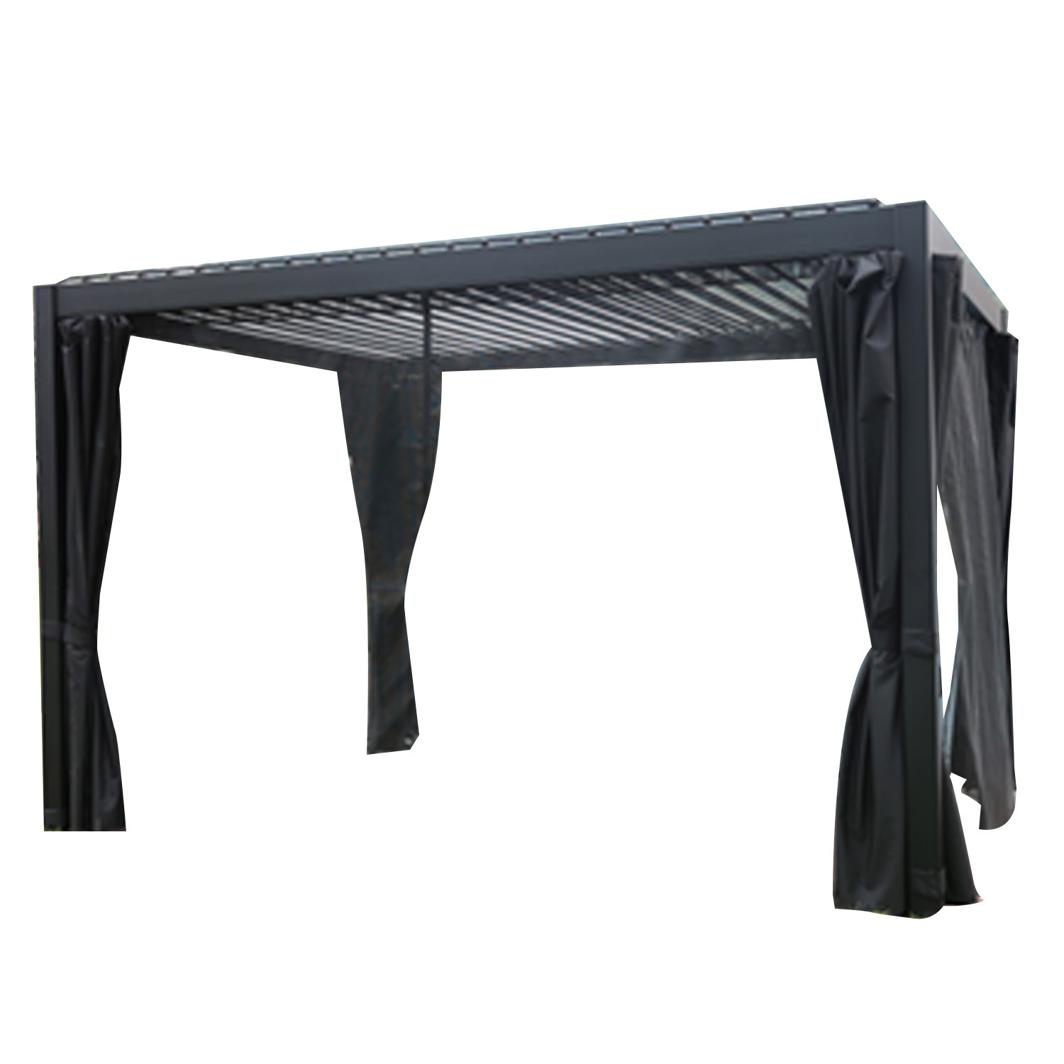 Sodo pavėsinė su reguliuojamu lameliniu stogu ir užuolaidomis, tamsiai pilka, 301,3 × 392,7 × 250,8 cm