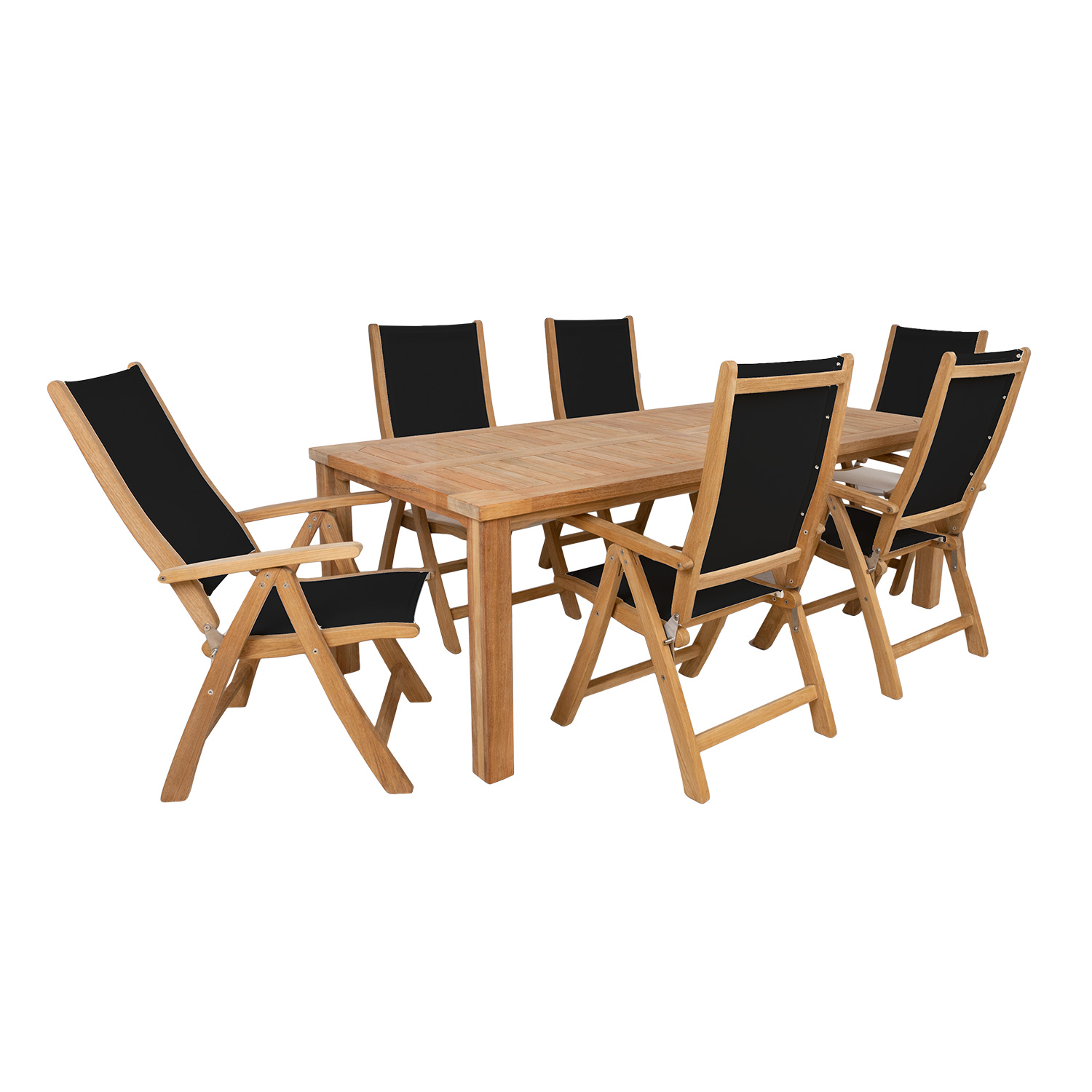 Lauko baldų komplektas su 6 reguliuojamomis kėdėmis, juodas, 220 × 100 × 75 cm