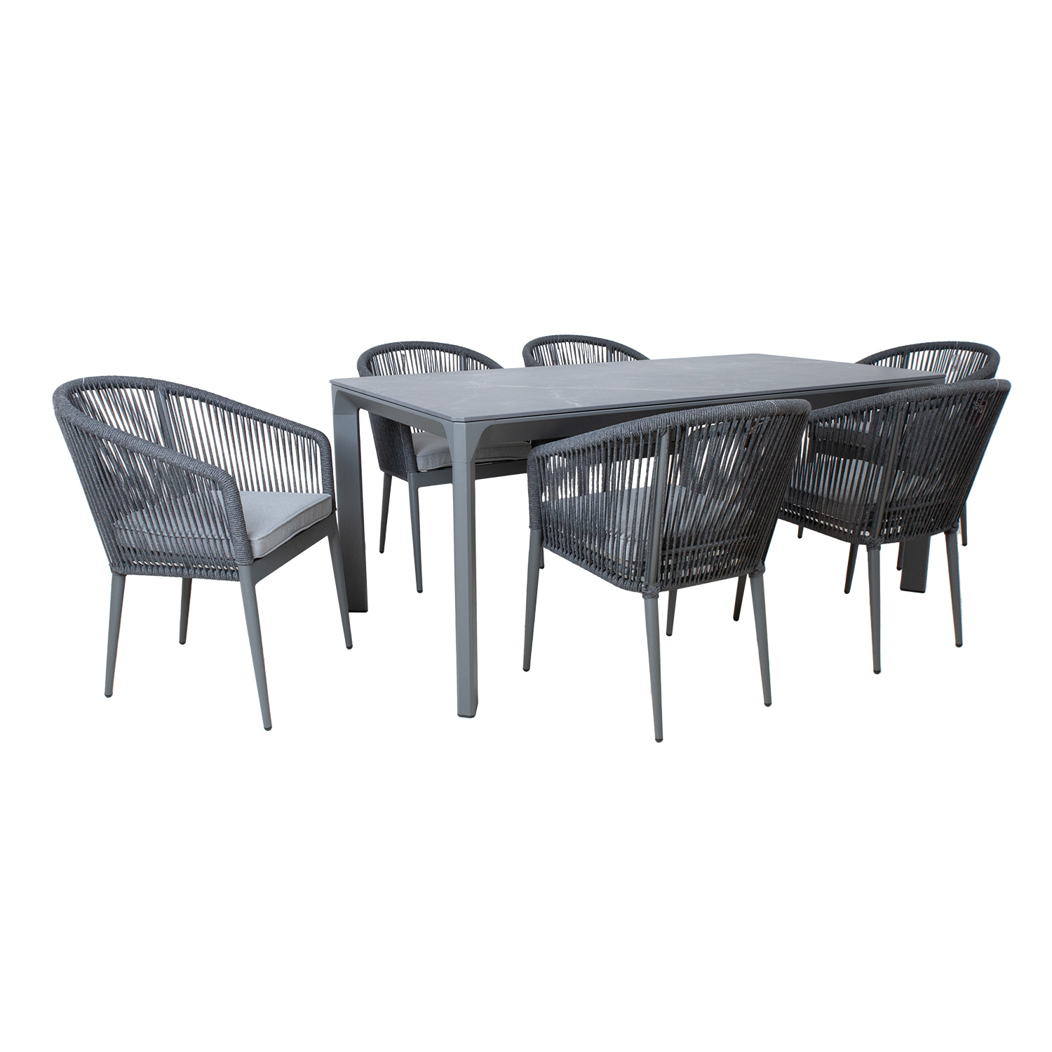 Lauko baldų komplektas su sukepinto akmens stalviršiu ir 6 kėdėmis, pilkas, 180 × 90 × 75 cm