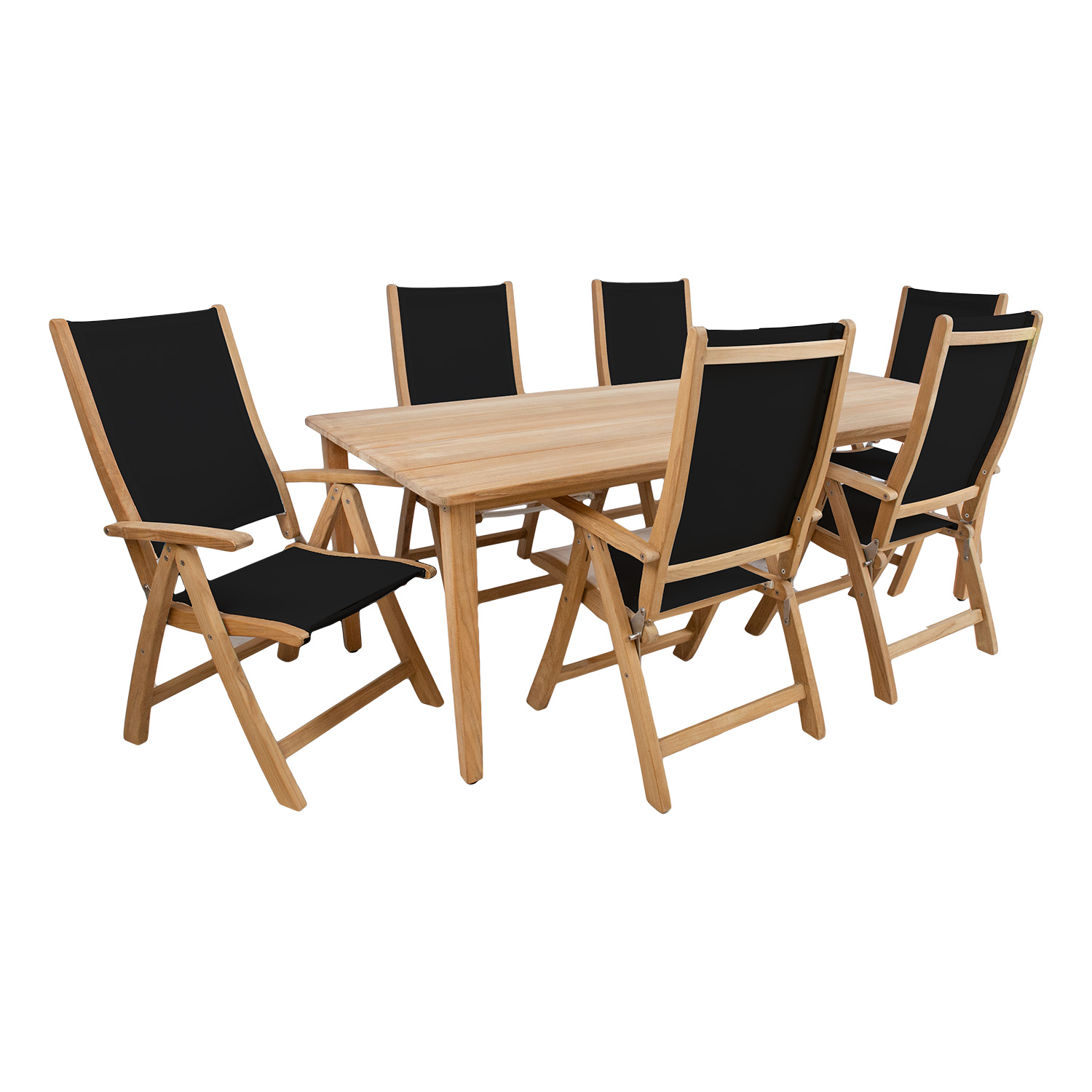 Lauko baldų komplektas su 6 reguliuojamomis kėdėmis, juodas, 220 × 100 × 75 cm