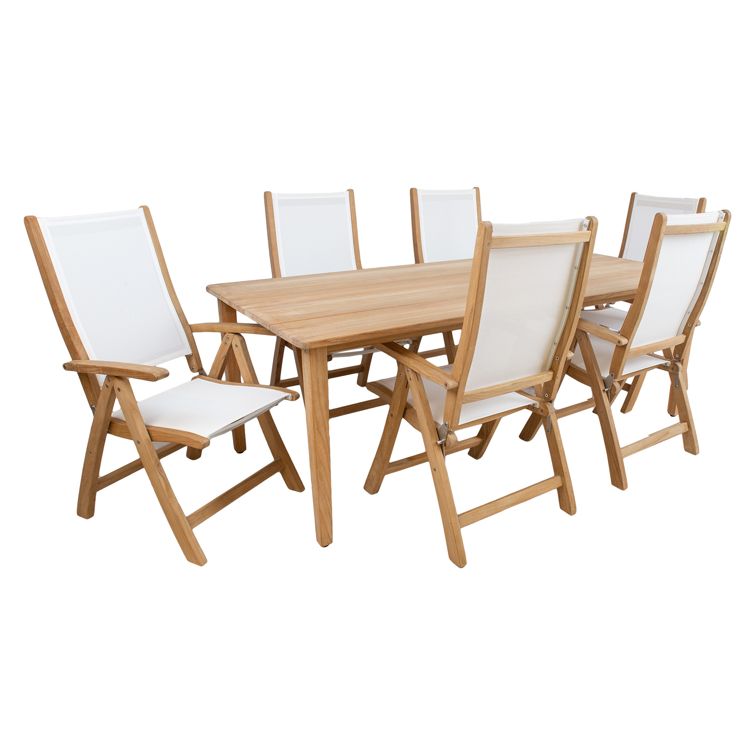 Lauko baldų komplektas su 6 reguliuojamomis kėdėmis, baltas, 220 × 100 × 75 cm, 7 dalių