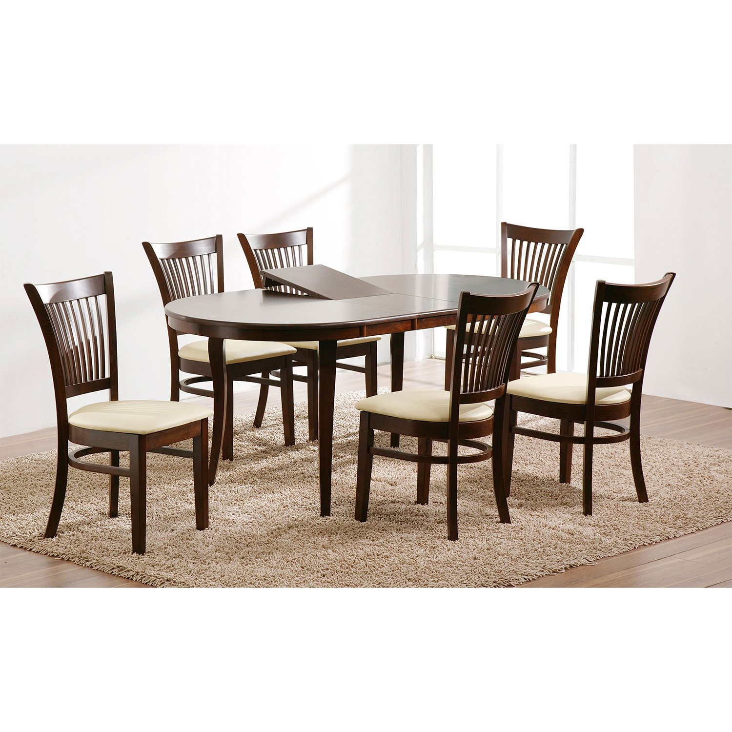 Valgomojo komplektas su 6 kėdėmis, ištraukiamas, riešutmedžio spalvos, 145+33 × 90 × 74 cm