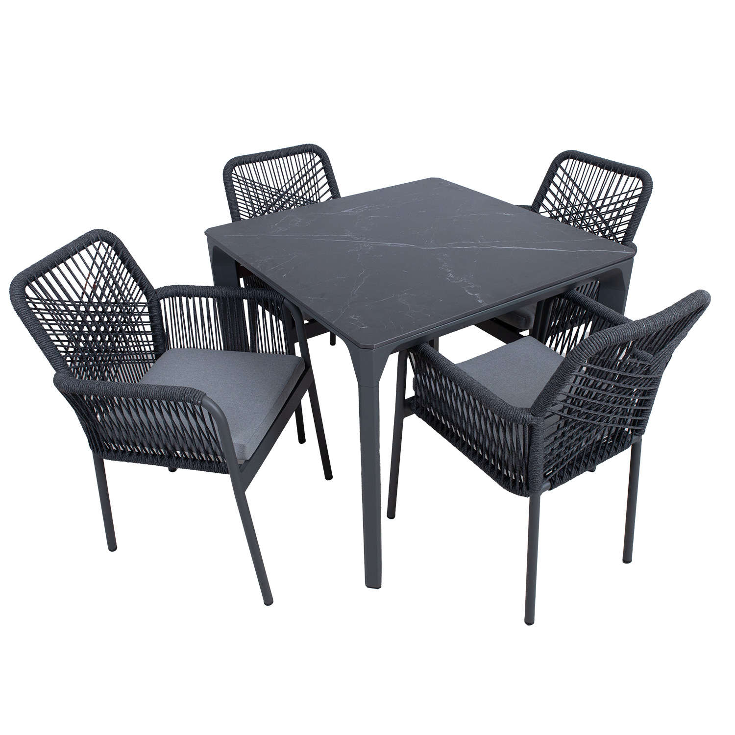 Lauko baldų komplektas su sukepinto akmens stalviršiu ir 4 kėdėmis, pilkas, 90 × 90 × 75 cm