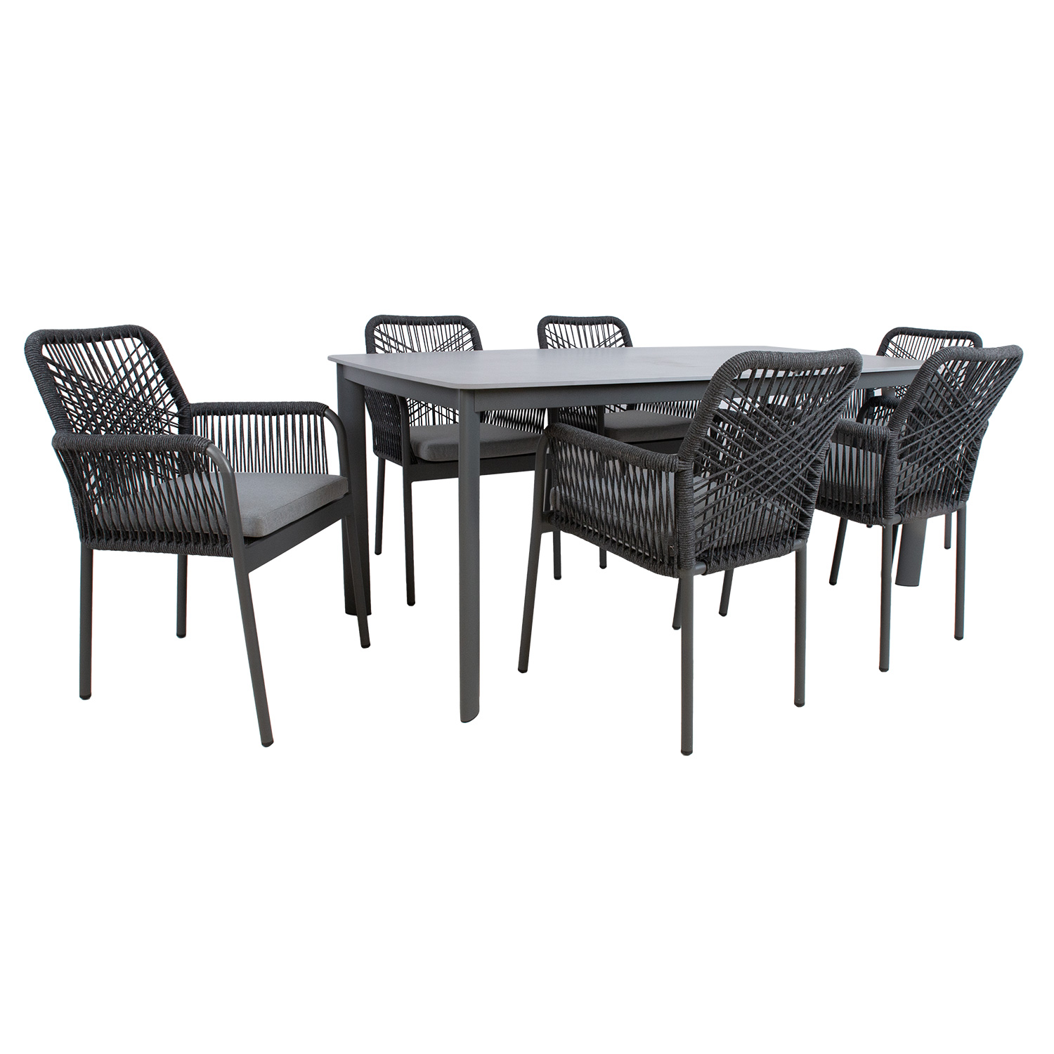 Lauko baldų komplektas su sukepinto akmens stalviršiu, 7 dalių, pilkas, 180 × 90 × 75 cm