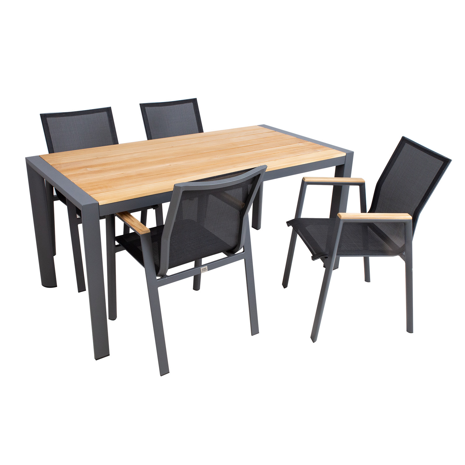 Lauko baldų komplektas TAMPERE su tikmedžio stalviršiu, tamsiai pilkas ir juodas, 160 × 80 × 75 cm, 5 dalių