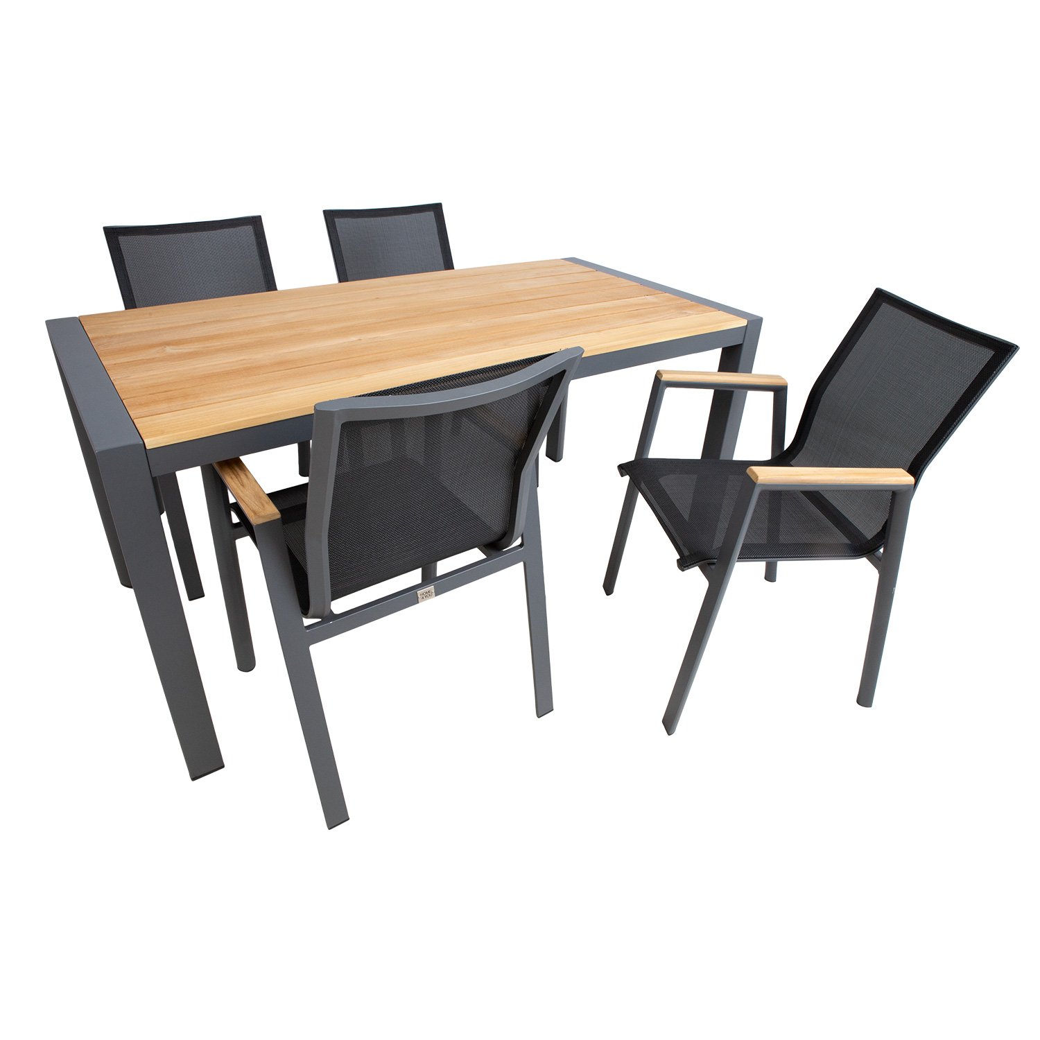 Lauko baldų komplektas TAMPERE su tikmedžio stalviršiu, tamsiai pilkas ir juodas, 160 × 80 × 75 cm, 5 dalių