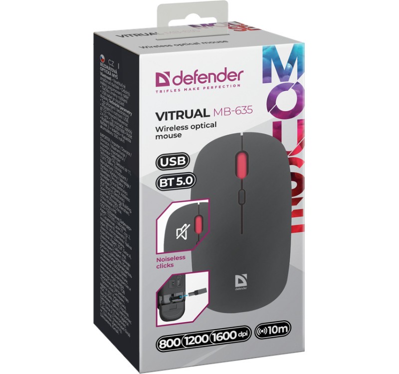 Belaidė tylaus spustelėjimo pelė virtual mb-635, rf+bt, 1600dpi, juoda