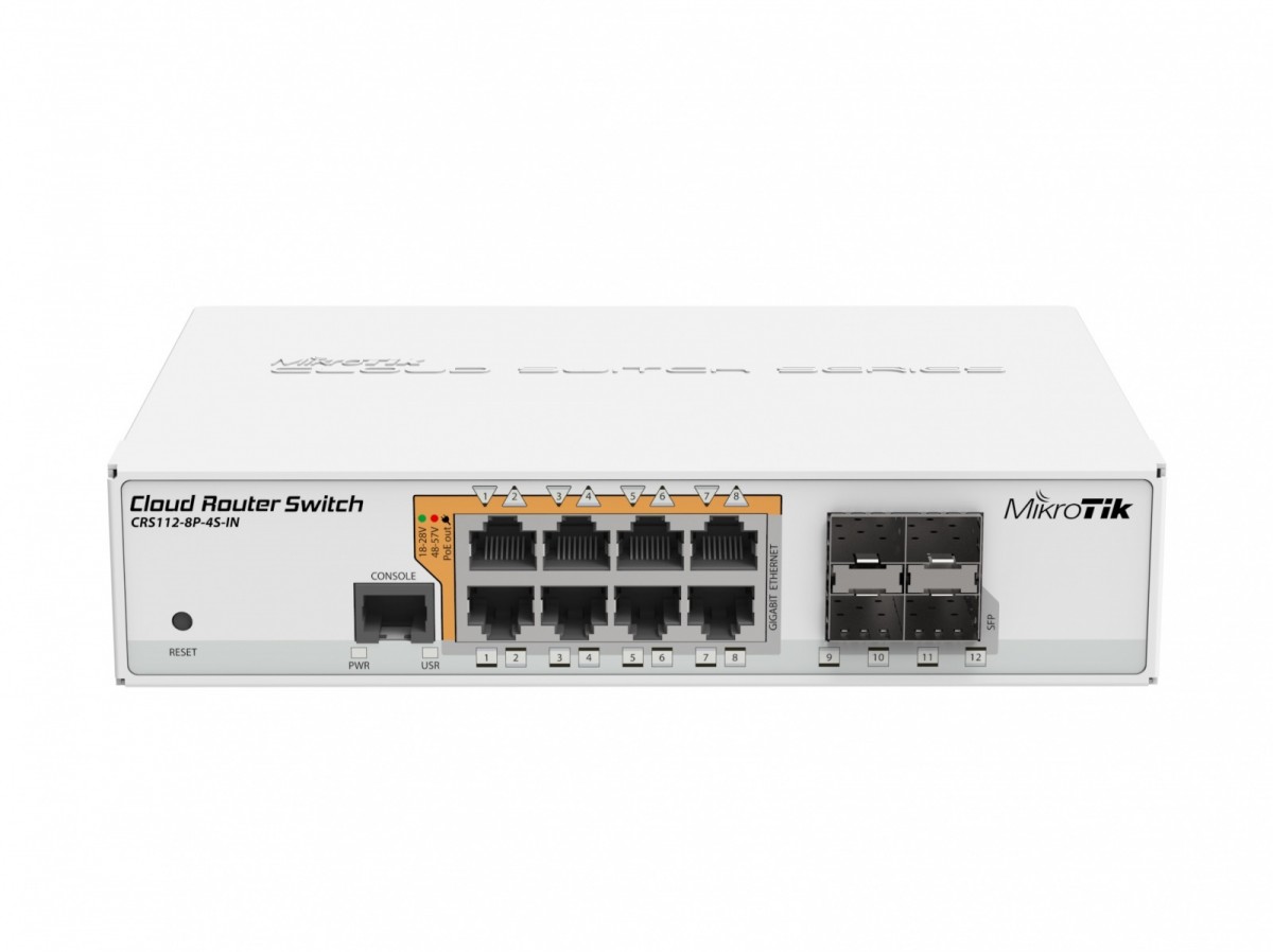 Mikrotik cloud router switch crs112-8p-4s-in sfp ports quantity 4, desktop, dual power suply: 28v 3.4v included.