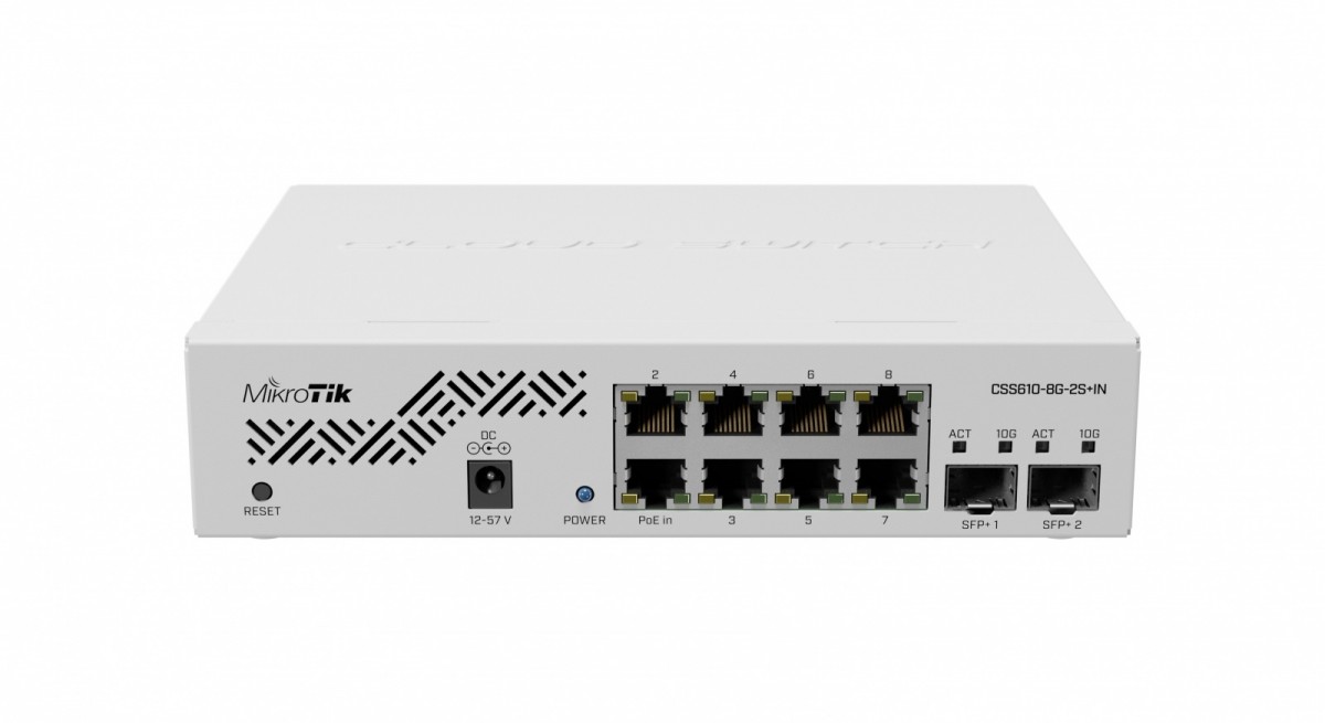 Mikrotik jungiklis su 8x 1000mb/s, 2x sfp+, vlan, baltas