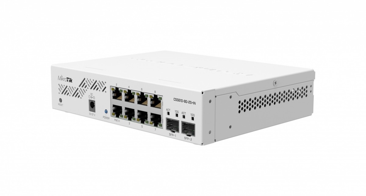 Mikrotik jungiklis su 8x 1000mb/s, 2x sfp+, vlan, baltas