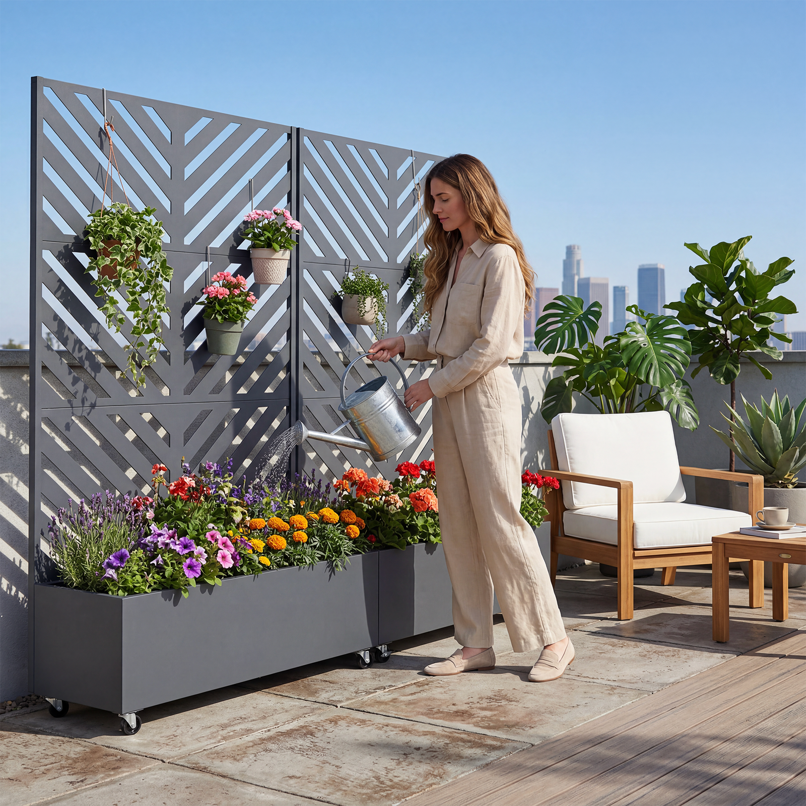 Metalinis vazonas su atramine sienele ir ratukais HATIS, 119,5 × 40,6 × 185,5 cm, antracito 2