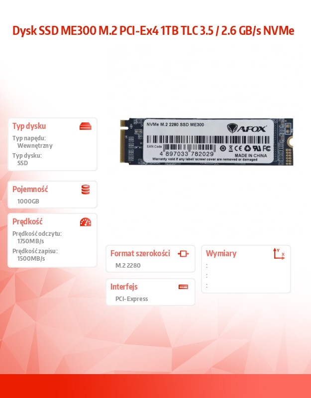 Ssd vidinis kietasis diskas afox me300-1000gn 1tb m.2 2280