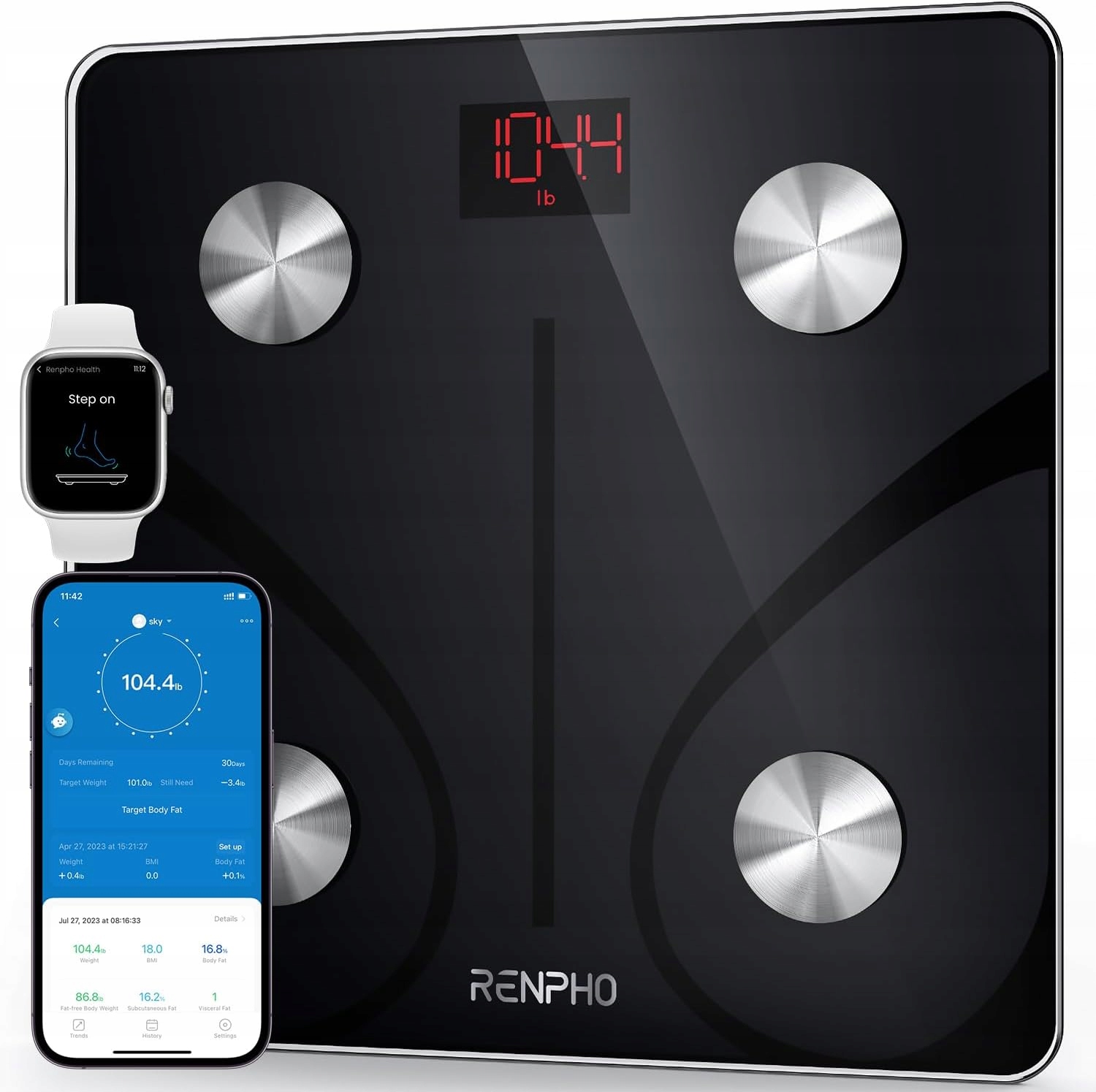 Svarstyklės renpho ob02720 - bluetooth prisijungęs svorio ir kūno analizatorius - 13 rodiklių - grūdinto stiklo platforma - juoda