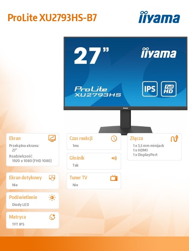 Monitorius ekranas iiyama 27'' ultra plonas ips skydelis 16:9 1ms 100hz 250cd/m² 1920x1080 1xhdmi 1xdisplayport garsiakalbiai 2 x 2w + ausinės tco