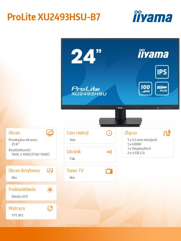 Monitorius iiyama prolite xu2493hsu-b7 - led monitor - full hd (1080p) - 24