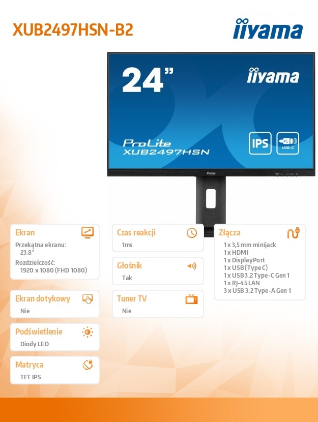 Monitorius iiyama prolite xub2497hsn-b2 23.8 colių fhd ips monitorius, 100 hz, pivot, garsiakalbiai, juoda, verslui
