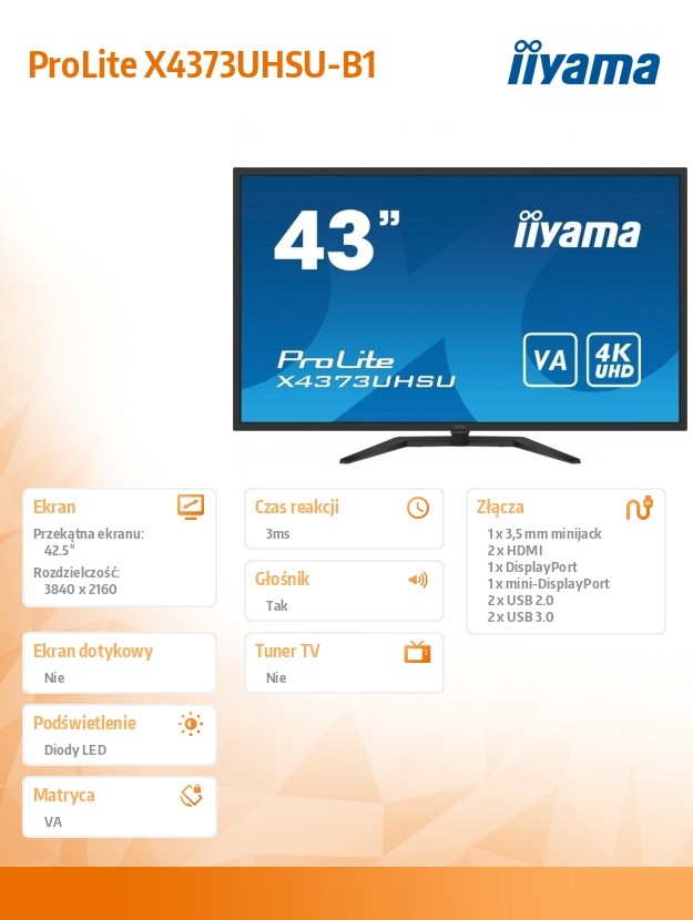 Monitorius iiyama x4373uhsu-b1, 43