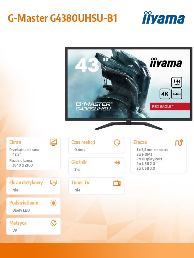 Monitorius iiyama red eagle gaming monitor g-master g4380uhsu-b1 42.5 ", 43