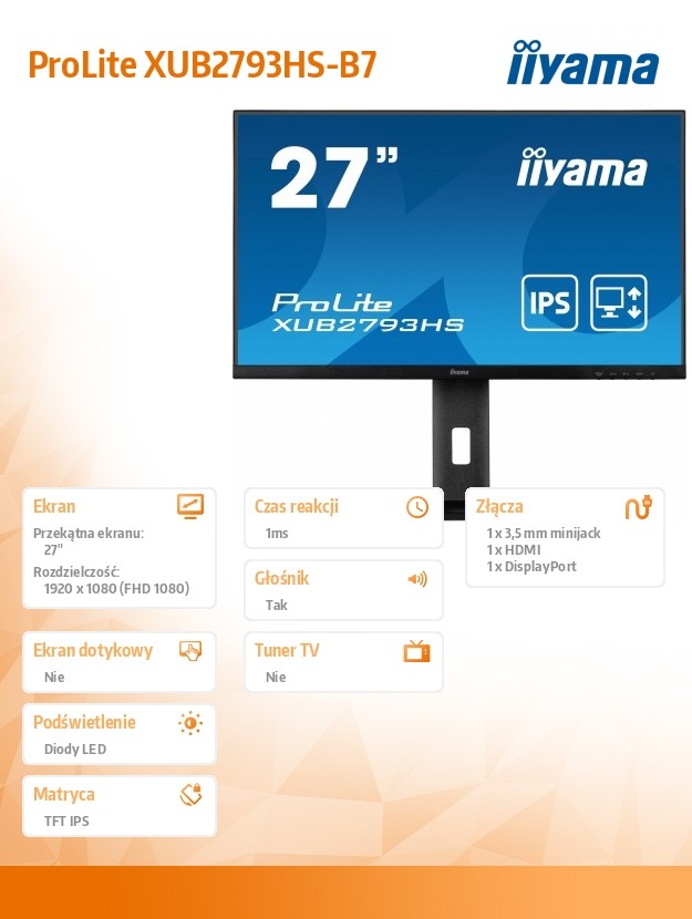 Monitorius led ekranas - iiyama - prolite xub2793hs-b7 - 27