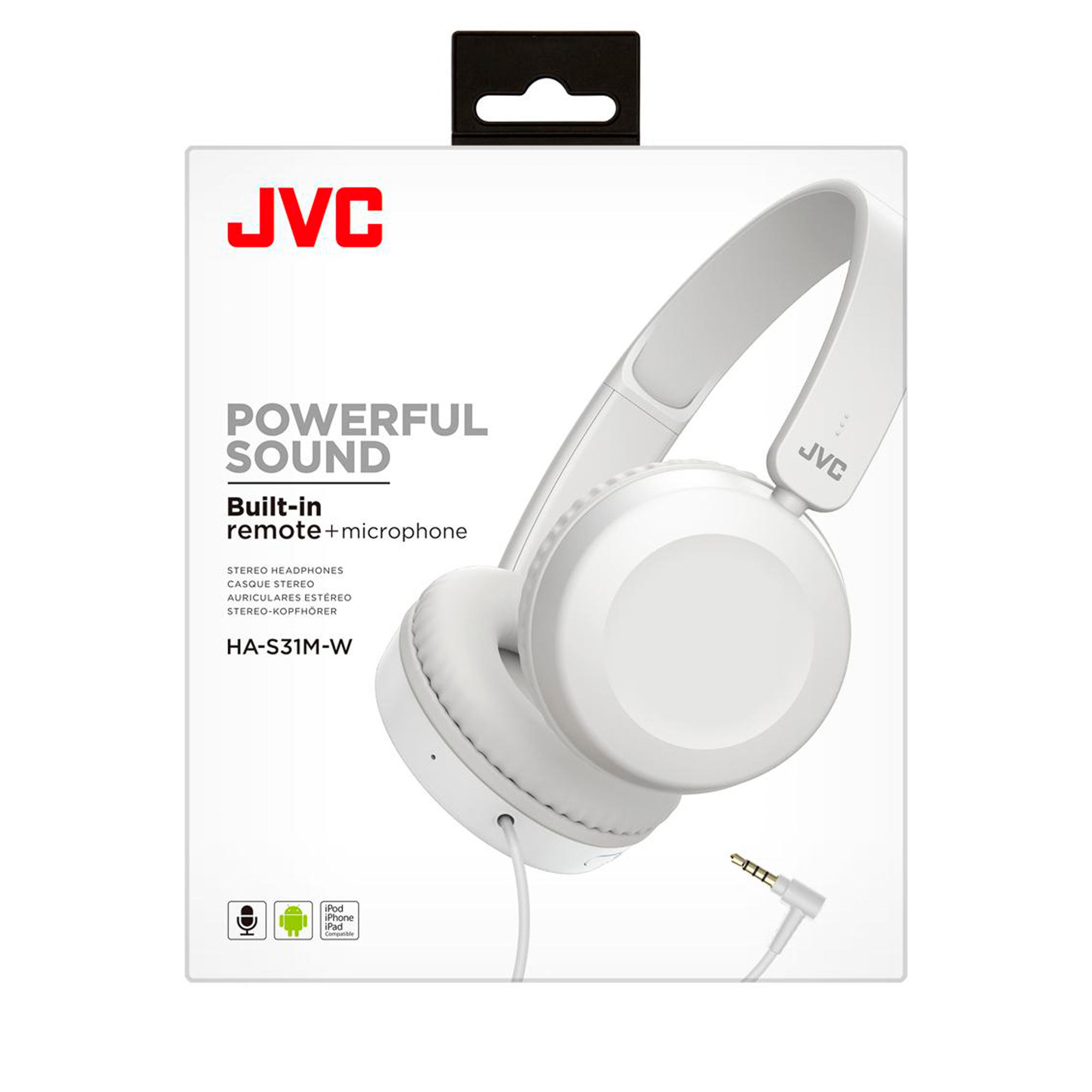 Jvc has-31 we laidinės ausinės į ausis su nuotolinio valdymo pultu ir mikrofonu, baltos spalvos