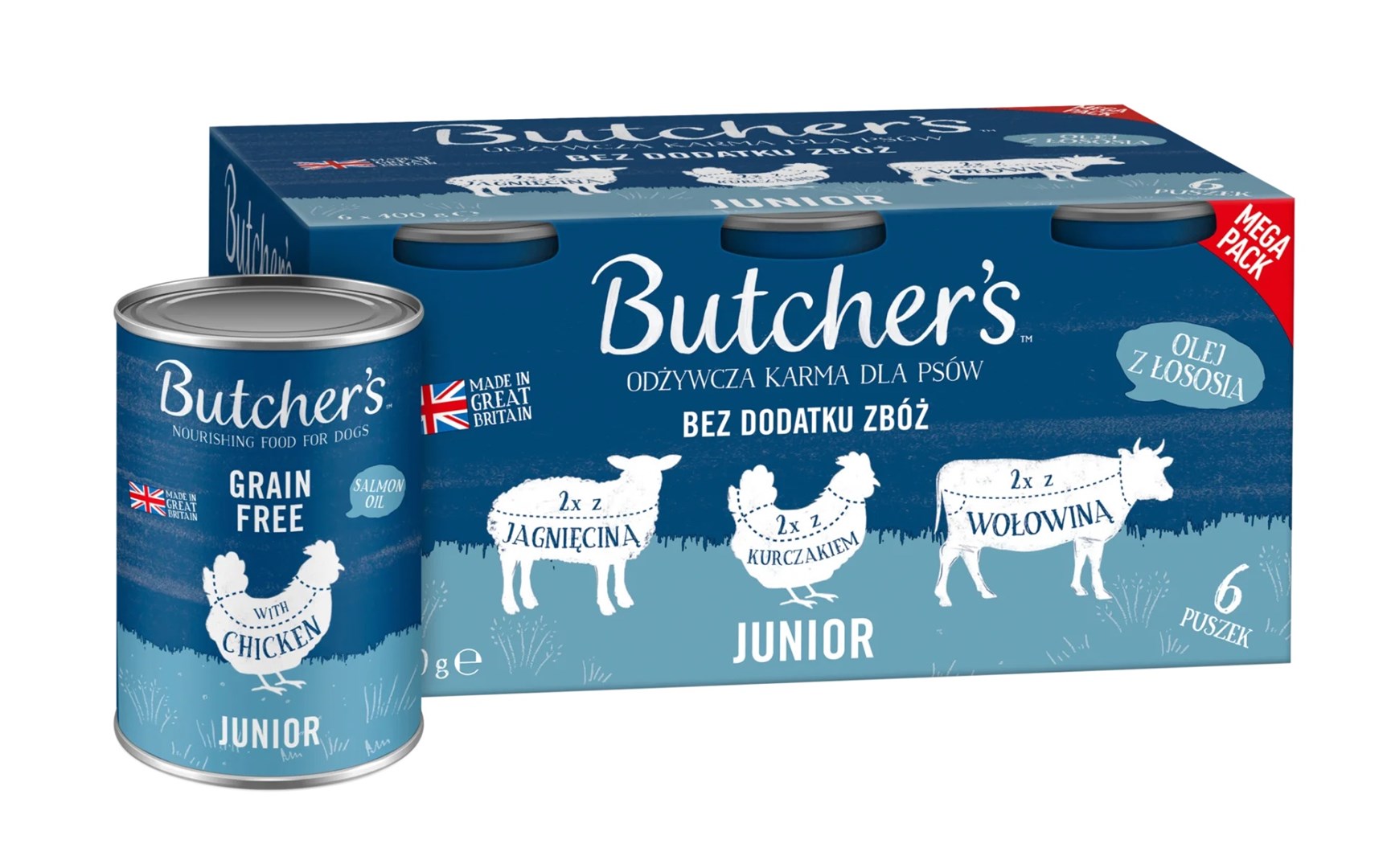Butcher's original junior mega pack mix su paukštiena, jautiena, aviena, 6x400 g