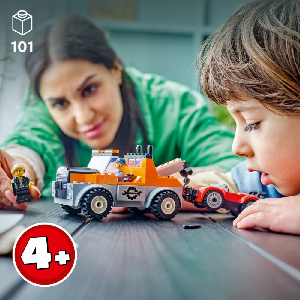 60435 lego® city vilkikas ir sportinio automobilio remontas