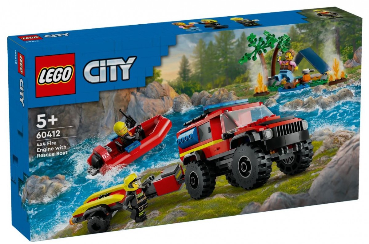 60412 lego® city;4x4 ugniagesių visureigis su gelbėjimo valtimi