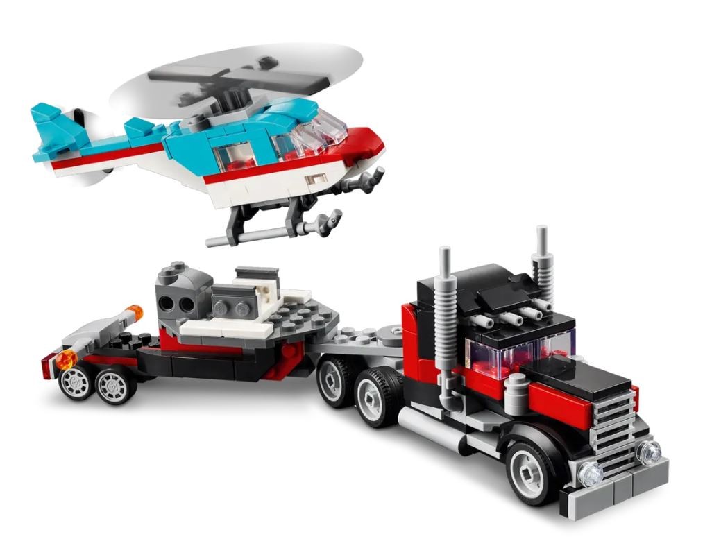 Konstruktorius sunkvežimis su platforma ir sraigtasparniu lego creator