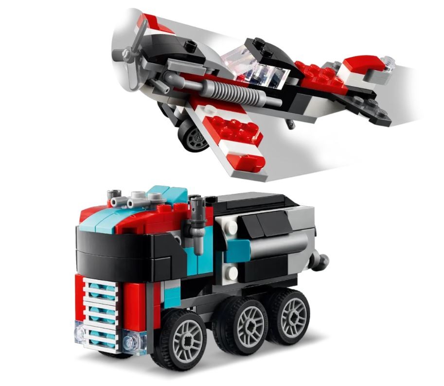 Konstruktorius sunkvežimis su platforma ir sraigtasparniu lego creator