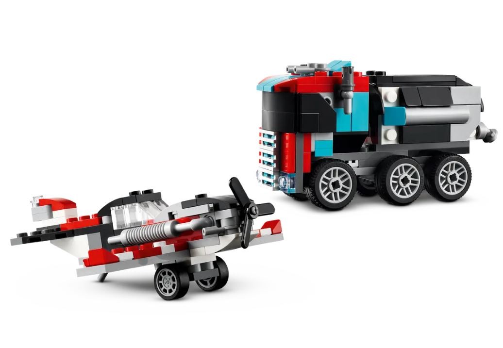 Konstruktorius sunkvežimis su platforma ir sraigtasparniu lego creator
