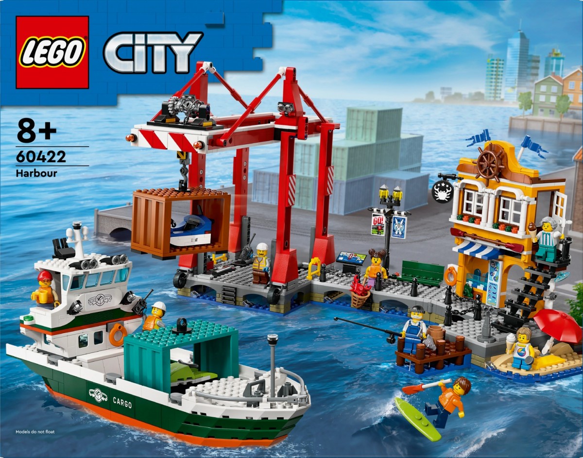 Uosto rinkinys su krovininiu laivu, lego city, spalvotas