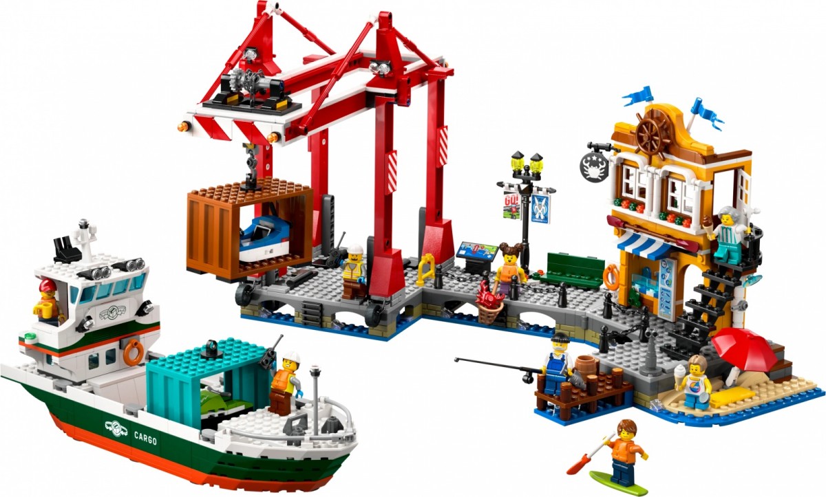 Uosto rinkinys su krovininiu laivu, lego city, spalvotas