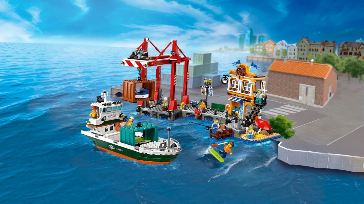 Uosto rinkinys su krovininiu laivu, lego city, spalvotas