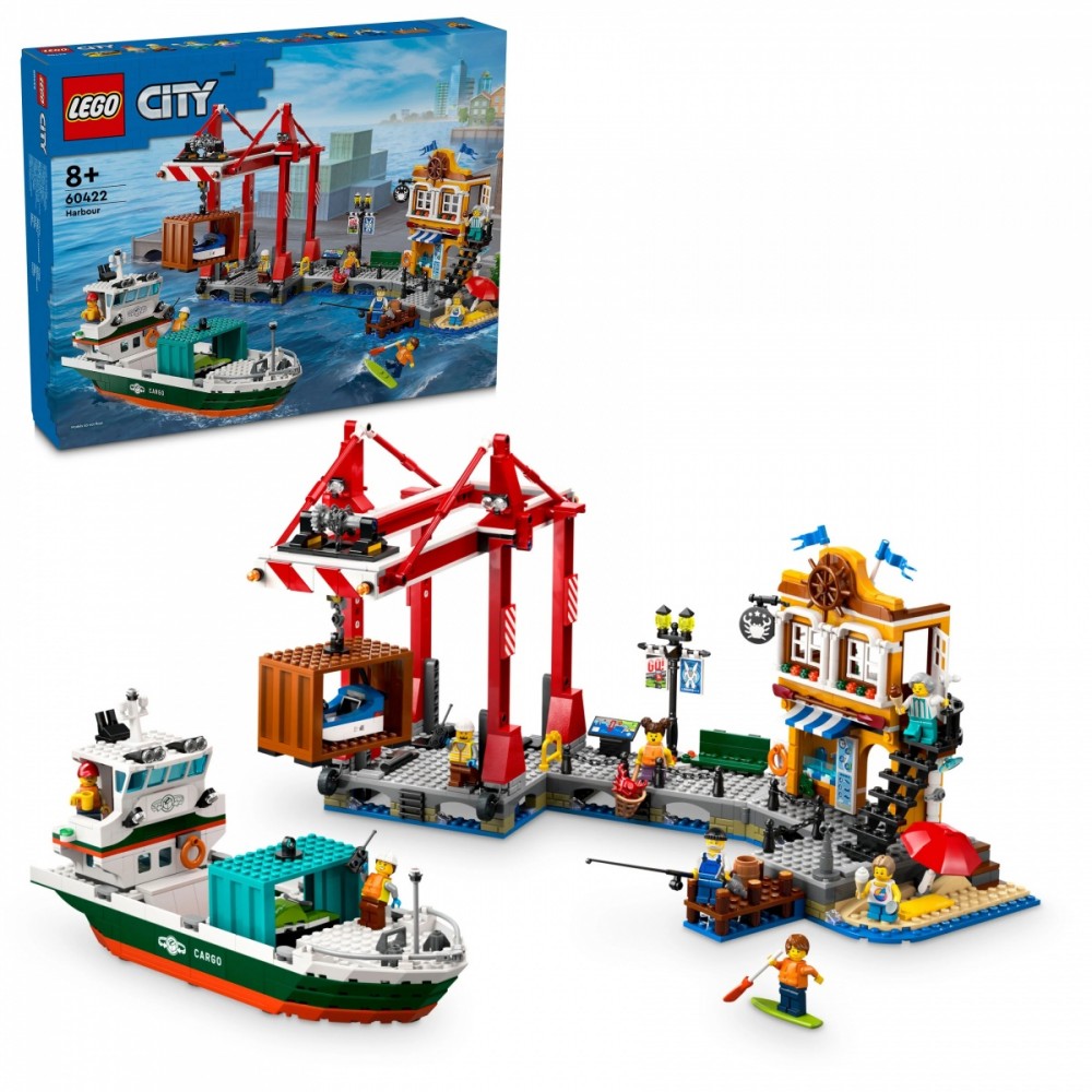 Uosto rinkinys su krovininiu laivu, lego city, spalvotas