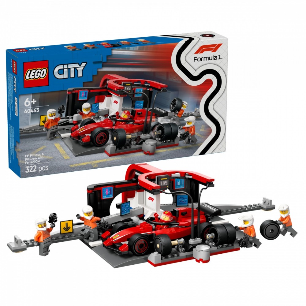 60443 lego® city f1® remonto punktas, mechanikai ir ferrari automobilis