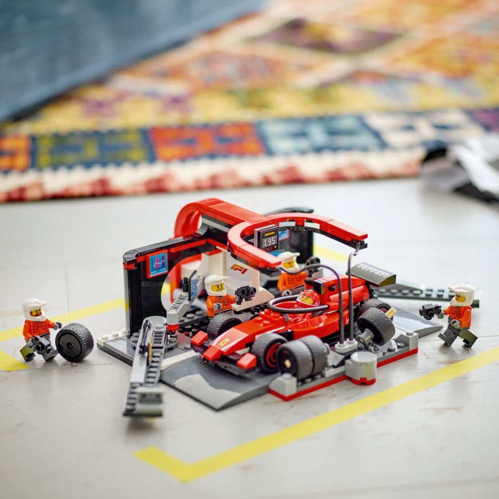 60443 lego® city f1® remonto punktas, mechanikai ir ferrari automobilis
