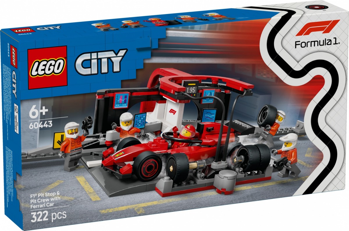 60443 lego® city f1® remonto punktas, mechanikai ir ferrari automobilis