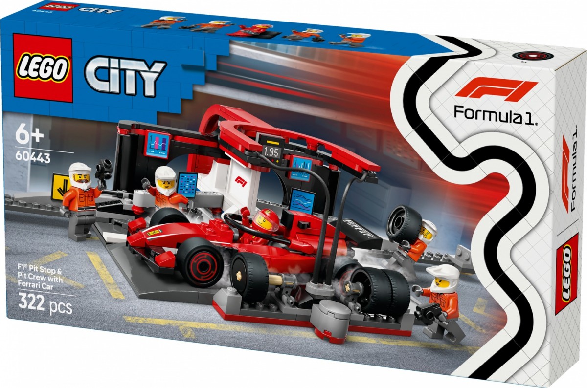 60443 lego® city f1® remonto punktas, mechanikai ir ferrari automobilis