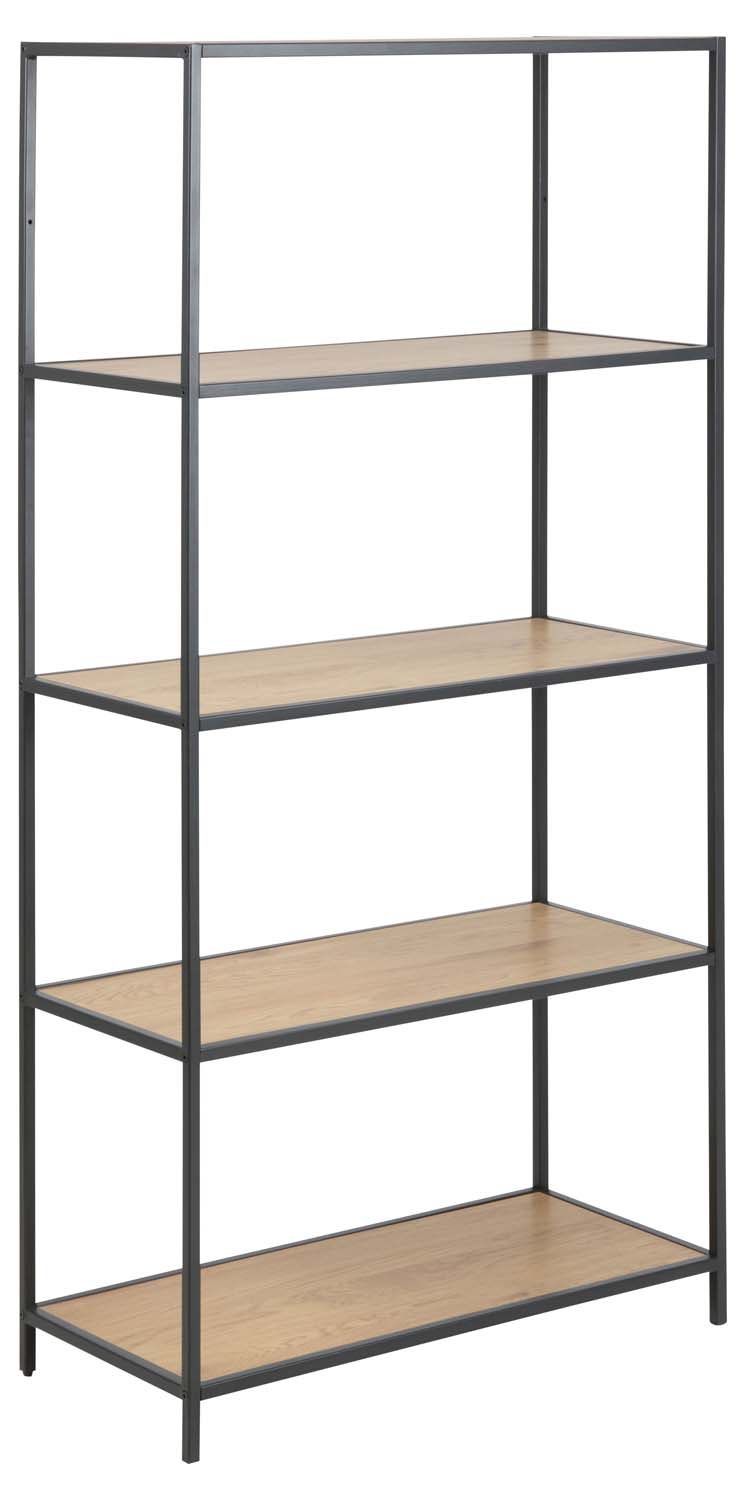 Plaukts ar 4 plauktiem un metāla rāmi, melns un ozolkoka krāsas, 77 × 35 × 150 cm